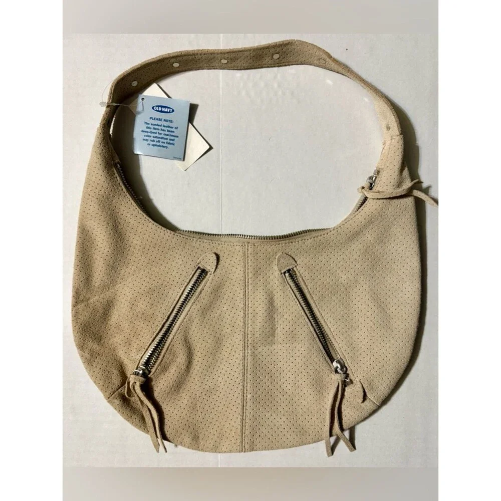 NWT Old Navy Perforated Suede Hobo Bag - Moto Studded Shoulder Bag - Beige